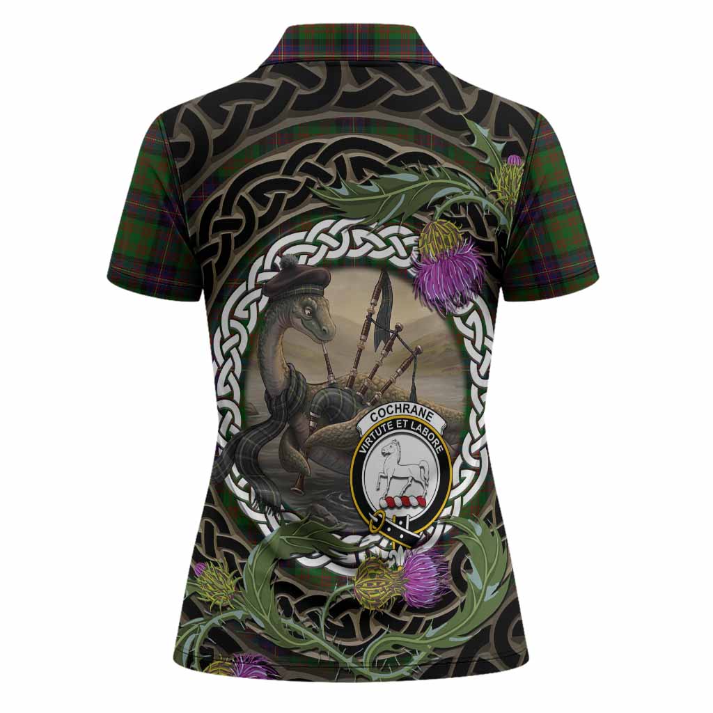 Cochrane Tartan Crest Bagpipe Nessie Women Polo Shirt Scottish Loch Ness Monster Celtic Thistle