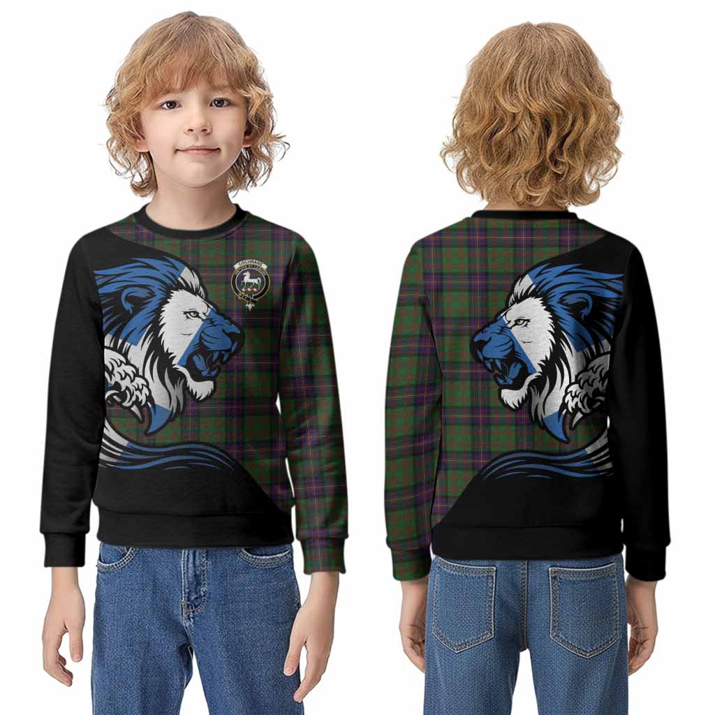 Cochrane Tartan Crest Kid Knitted Sweatshirt Scottish Golden Lions Wave Flow