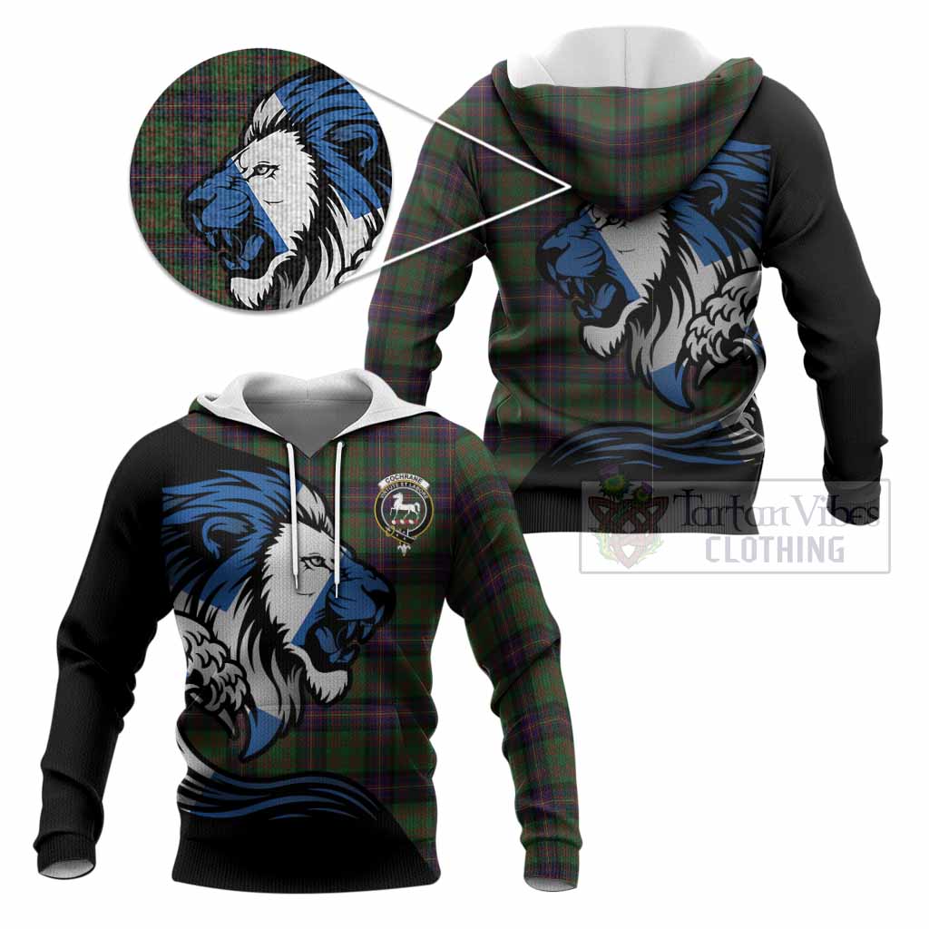 Cochrane Tartan Crest Knitted Hoodie Scottish Golden Lions Wave Flow