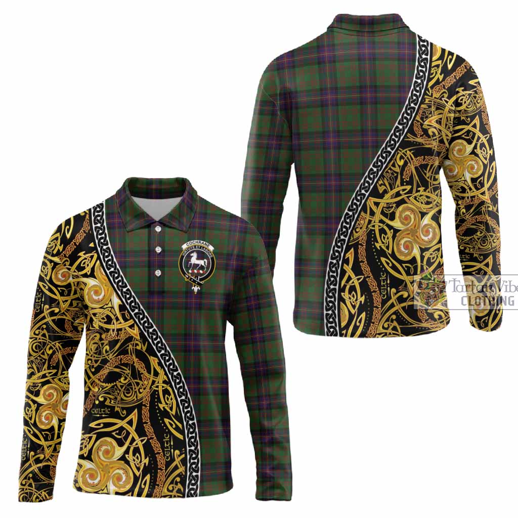 Cochrane Tartan Crest Long Sleeve Polo Shirt Celtic Knot and Triple Trickle Spiral Symbols