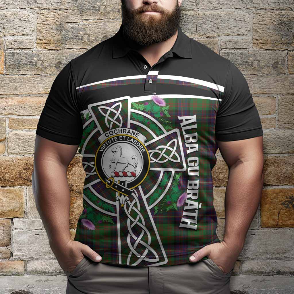 Cochrane Tartan Crest Polo Shirt Scottish Thistle Celtic Cross Alba Gu Brath