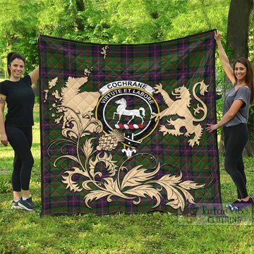 Cochrane Tartan Crest Premium Quilt with Scottish Iconic Symbols 