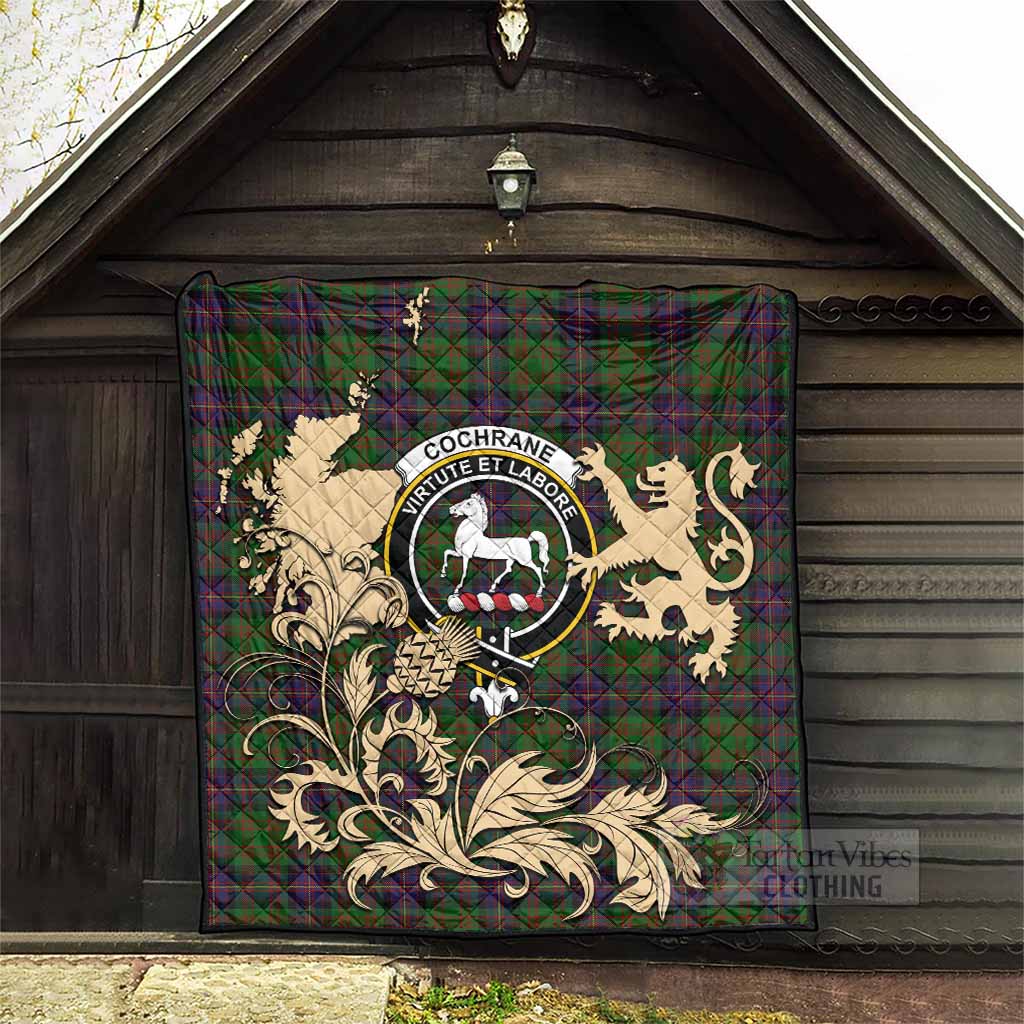 Cochrane Tartan Crest Premium Quilt with Scottish Iconic Symbols 