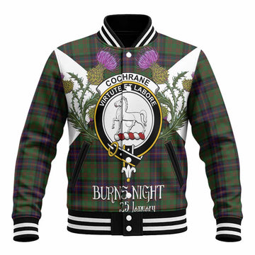 Cochrane Tartan Family Crest Baseball Jacket Scottish Burns Night Thistle Floral