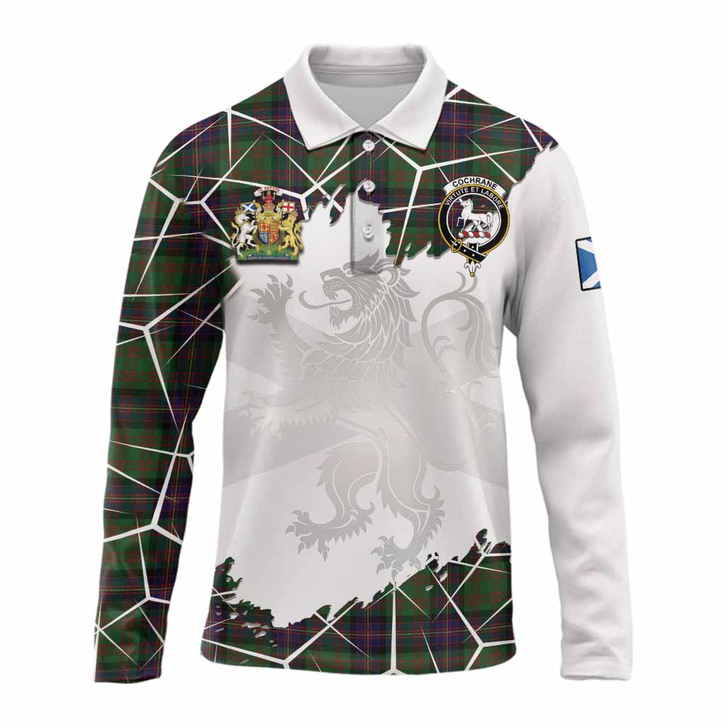 Cochrane Tartan Long Sleeve Polo Shirt with Family Crest and Lion Rampant Grunge Style
