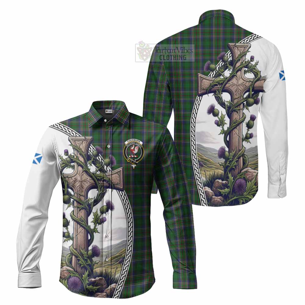 Tartan Vibes Clothing Cockburn Tartan Long Sleeve Button Shirt with Family Crest and St. Andrew's Cross Accented by Thistle Vines