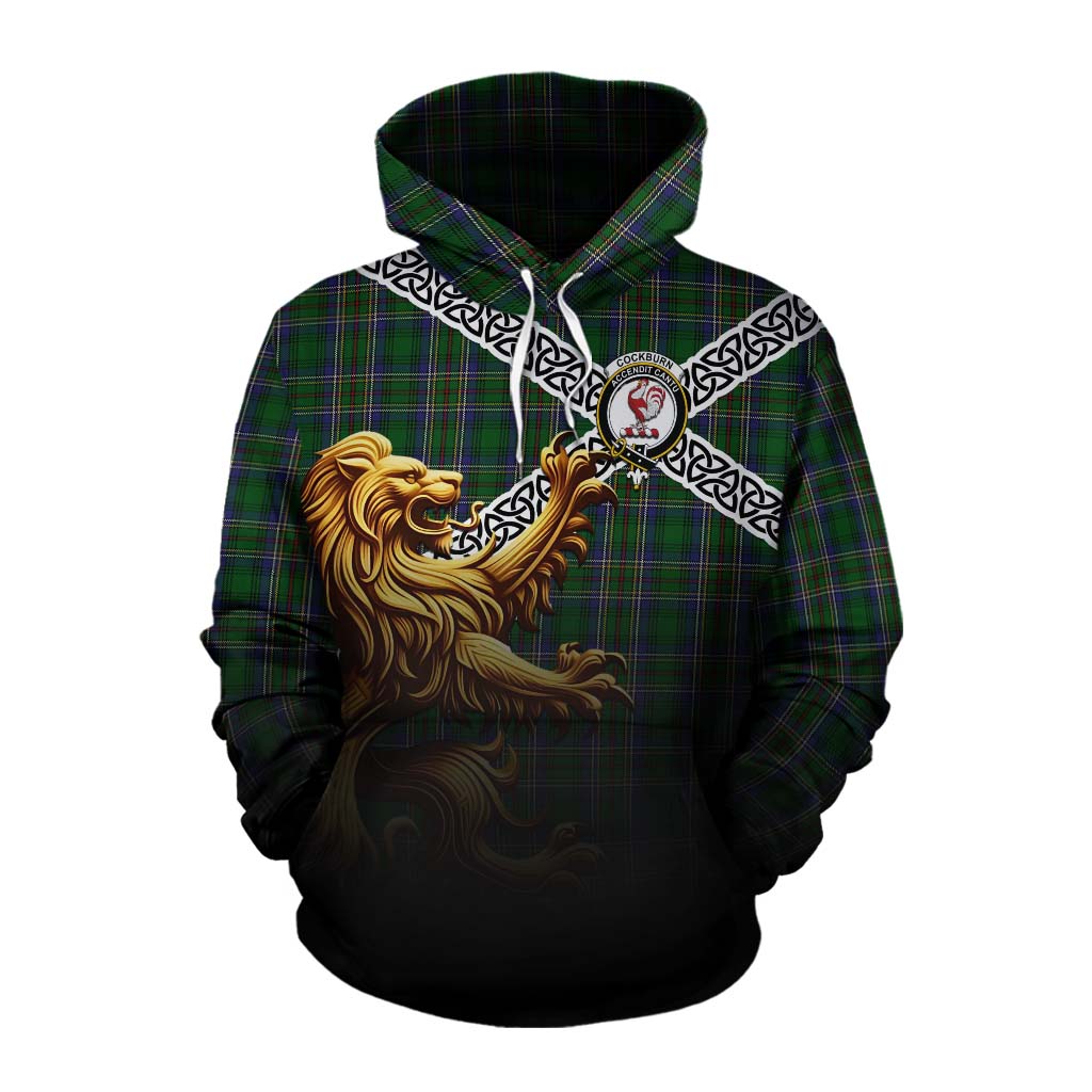 Tartan Vibes Clothing Cockburn Crest Tartan Cotton Hoodie with Golden Lion Emblem Celtic Style