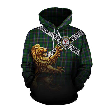 Tartan Vibes Clothing Cockburn Crest Tartan Cotton Hoodie with Golden Lion Emblem Celtic Style