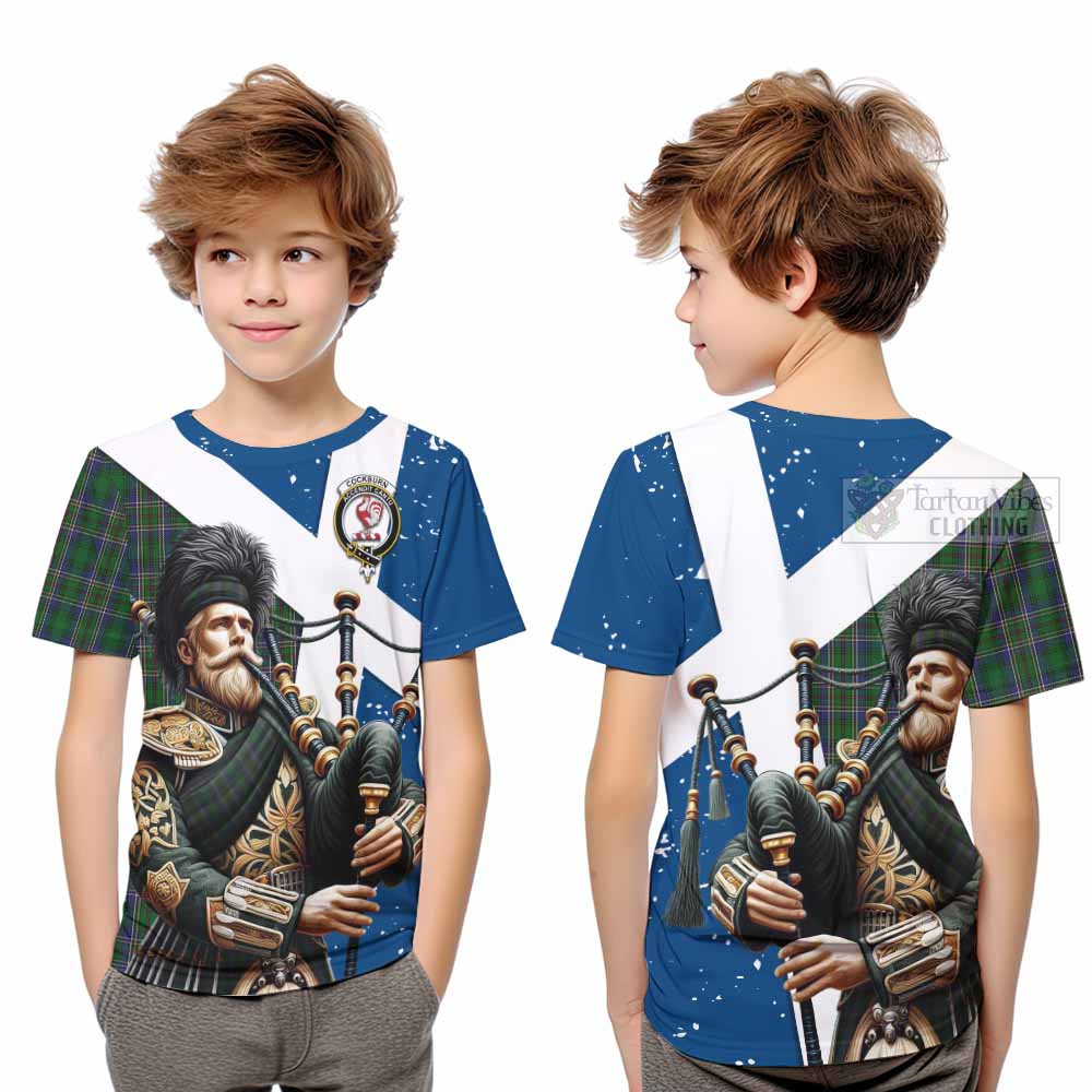 Tartan Vibes Clothing Cockburn Tartan Kid T-Shirt with Family Crest Scottish Bagpiper Vibes
