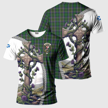 Tartan Vibes Clothing Cockburn Agnew Tartan T-Shirt with Family Crest and St. Andrew's Cross Accented by Thistle Vines