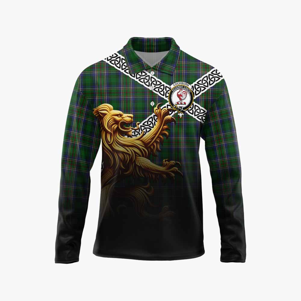 Tartan Vibes Clothing Cockburn Crest Tartan Long Sleeve Polo Shirt with Golden Lion Emblem Celtic Style