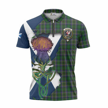 Cockburn Tartan Family Crest Zipper Polo Shirt Scottish Thistle Celtic Inspired