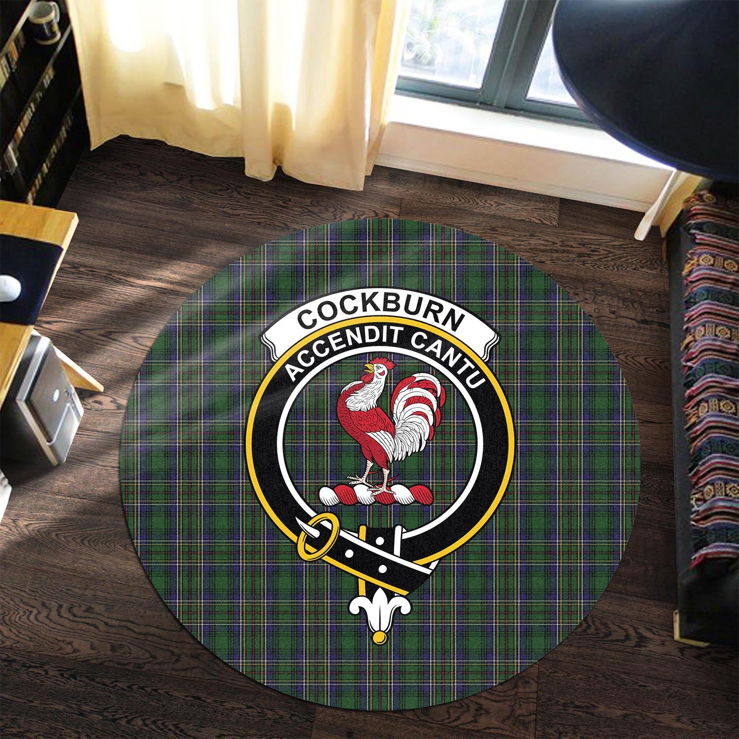 Cockburn Tartan Round Rug with Family Crest - Tartanvibesclothing