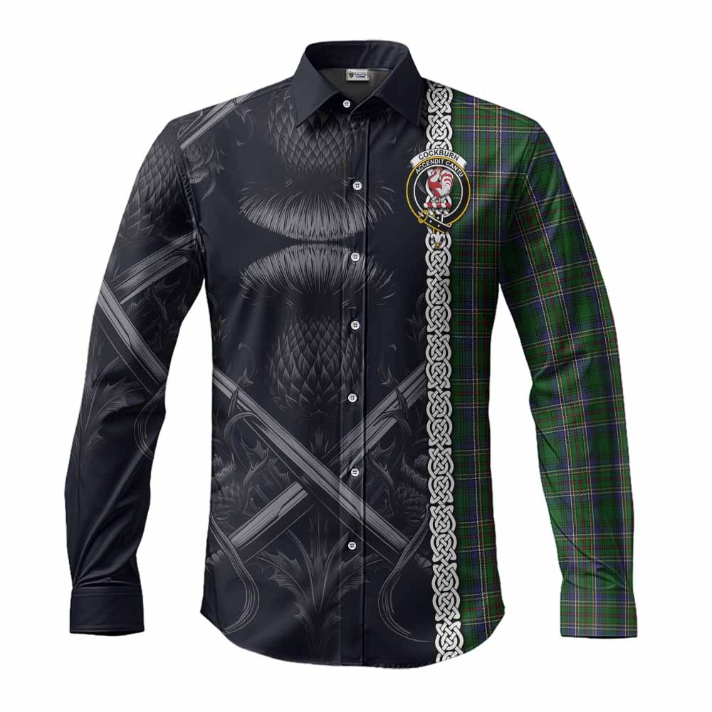 Tartan Vibes Clothing Cockburn Tartan Long Sleeve Button Shirt with Family Crest Cross Sword Thistle Celtic Vibes