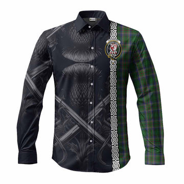 Tartan Vibes Clothing Cockburn Tartan Long Sleeve Button Shirt with Family Crest Cross Sword Thistle Celtic Vibes