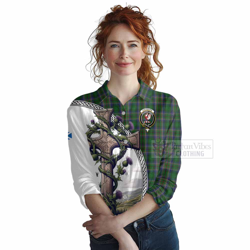 Tartan Vibes Clothing Cockburn Tartan Women's Casual Shirt with Family Crest and St. Andrew's Cross Accented by Thistle Vines