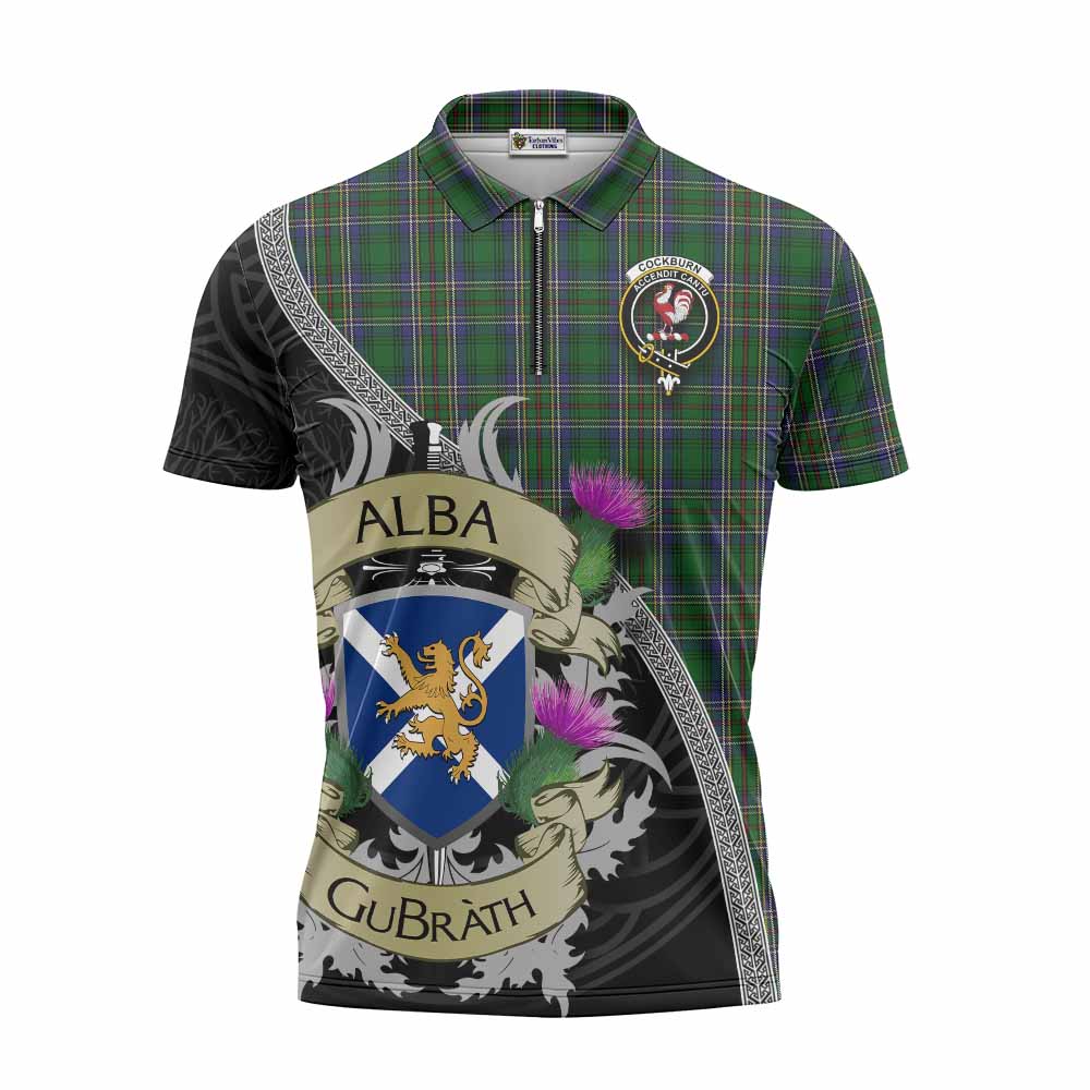 Tartan Vibes Clothing Cockburn Tartan Family Crest Zipper Polo Shirt Lion Rampant Royal Thistle Shield Celtic Inspired