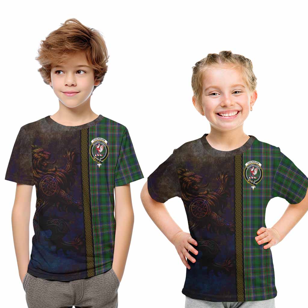 Tartan Vibes Clothing Cockburn Tartan Family Crest Kid T-Shirt Alba Gu Brath Be Brave Lion Ancient Style