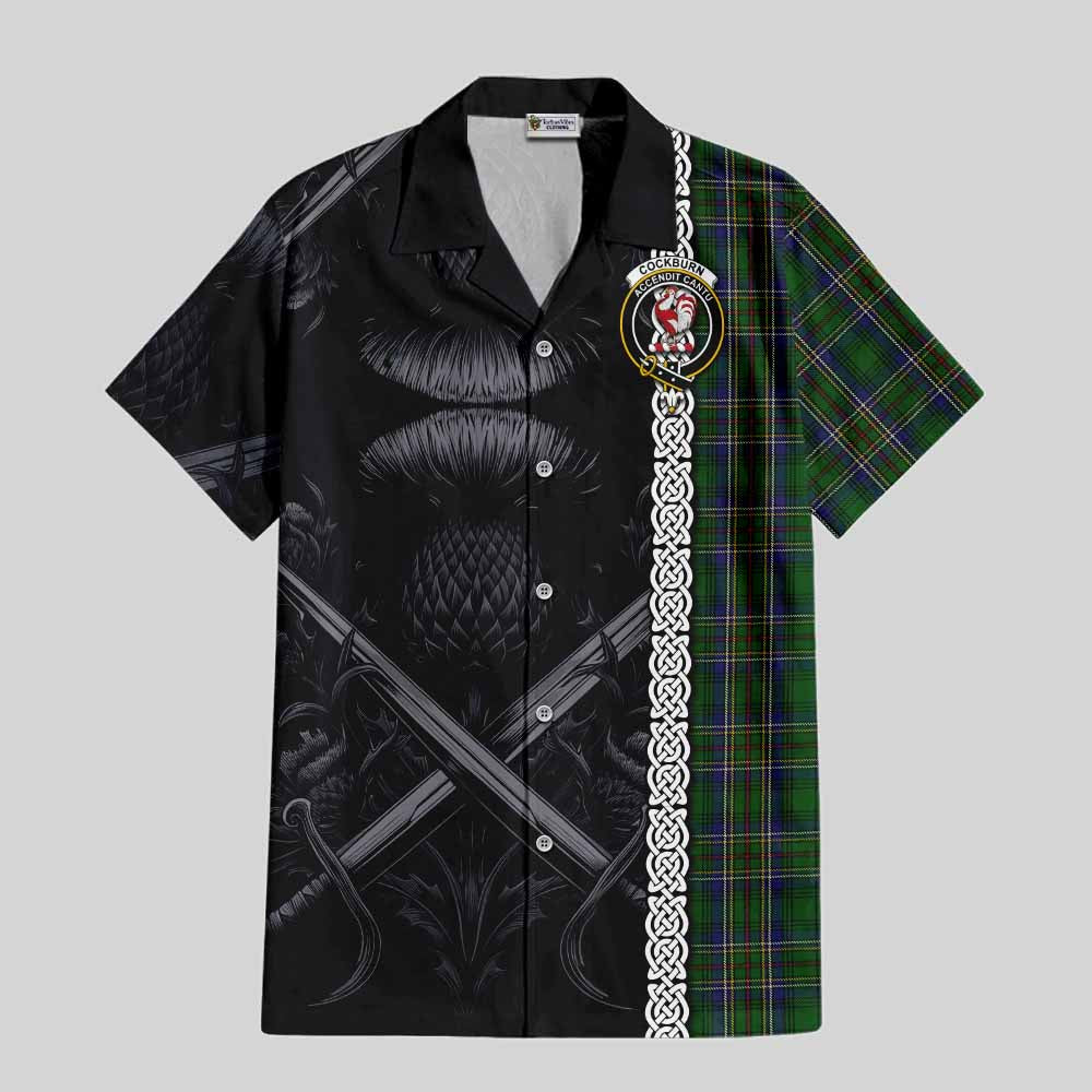 Tartan Vibes Clothing Cockburn Tartan Short Sleeve Button Shirt with Family Crest Cross Sword Thistle Celtic Vibes