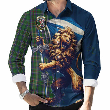 Tartan Vibes Clothing Cockburn Tartan Family Crest Long Sleeve Button Shirt with Scottish Majestic Lion