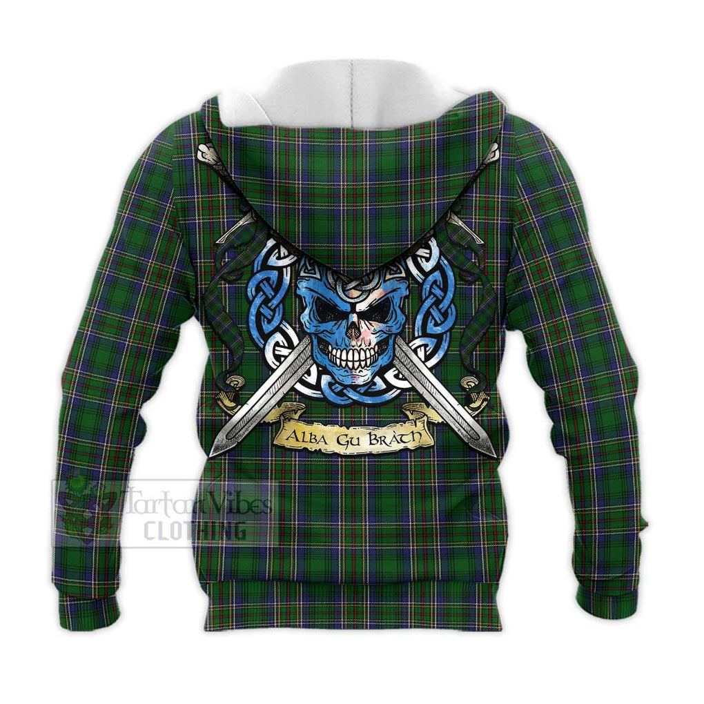 Tartan Vibes Clothing Cockburn Tartan Knitted Hoodie with Family Crest Celtic Skull Style
