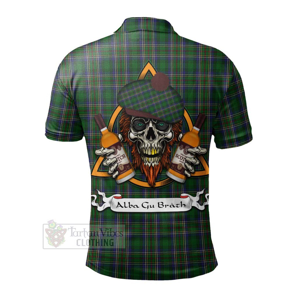 Tartan Vibes Clothing Cockburn Tartan Polo Shirt with Family Crest and Bearded Skull Holding Bottles of Whiskey