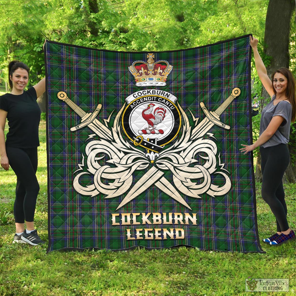 Tartan Vibes Clothing Cockburn Tartan Quilt with Clan Crest and the Golden Sword of Courageous Legacy