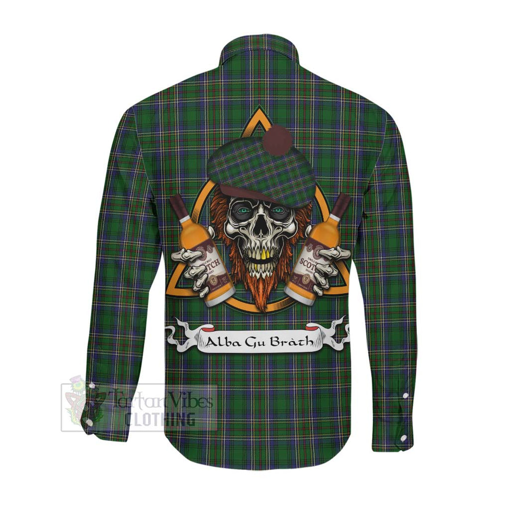 Tartan Vibes Clothing Cockburn Tartan Long Sleeve Button Shirt with Family Crest and Bearded Skull Holding Bottles of Whiskey