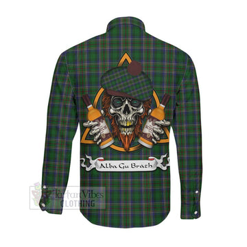 Tartan Vibes Clothing Cockburn Tartan Long Sleeve Button Shirt with Family Crest and Bearded Skull Holding Bottles of Whiskey