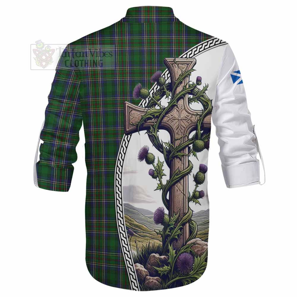 Tartan Vibes Clothing Cockburn Tartan Ghillie Kilt Shirt with Family Crest and St. Andrew's Cross Accented by Thistle Vines