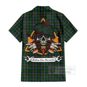Cockburn Tartan Hawaiian Shirt with Family Crest and Bearded Skull Holding Bottles of Whiskey