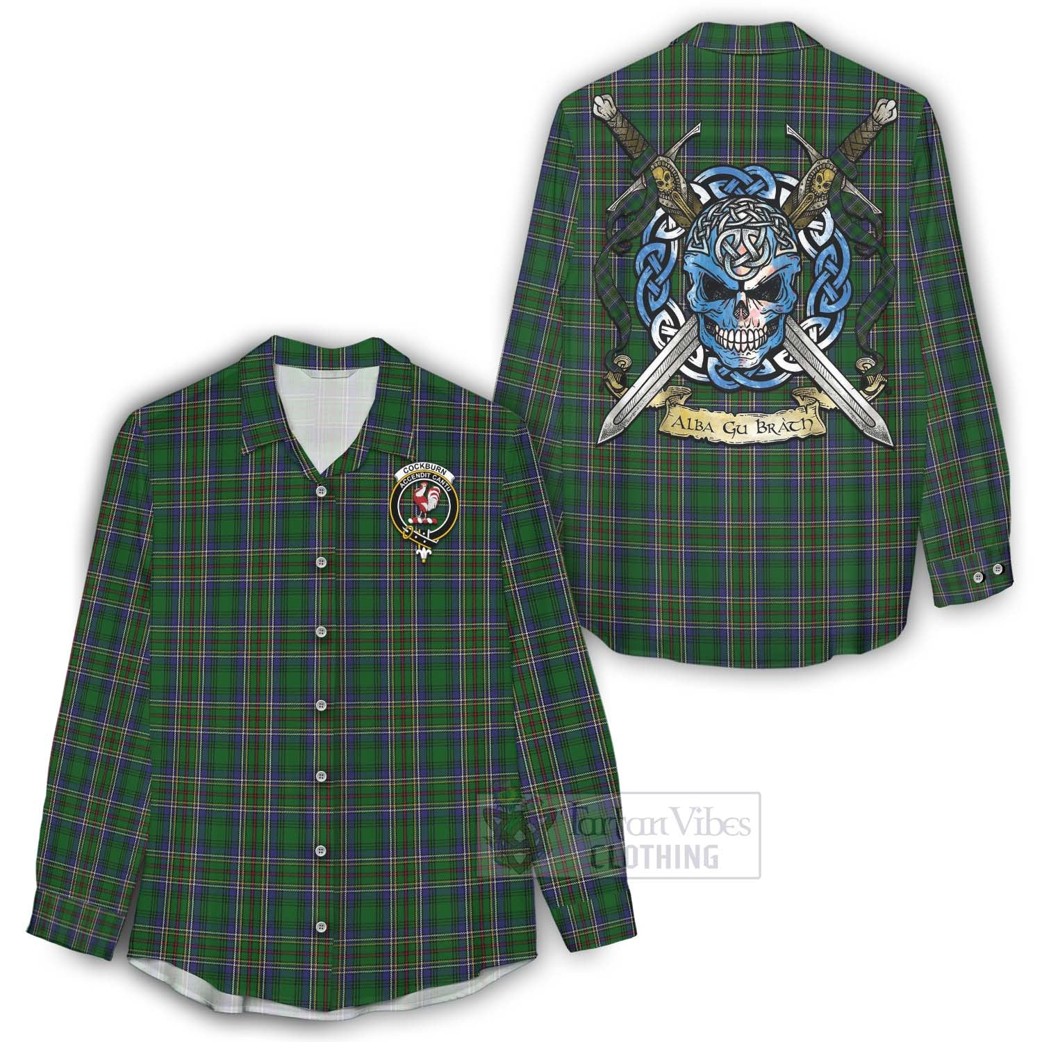 Tartan Vibes Clothing Cockburn Tartan Women's Casual Shirt with Family Crest Celtic Skull Style