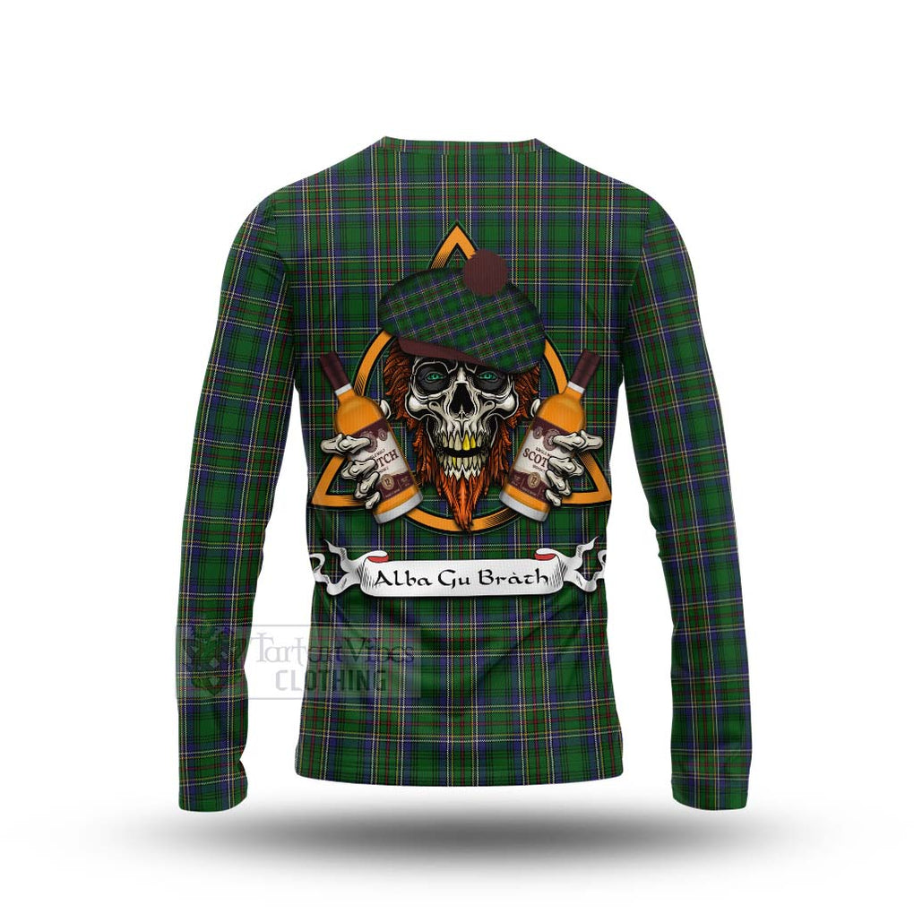 Tartan Vibes Clothing Cockburn Tartan Long Sleeve T-Shirt with Family Crest and Bearded Skull Holding Bottles of Whiskey