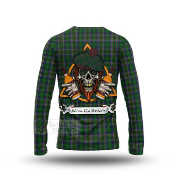 Tartan Vibes Clothing Cockburn Tartan Long Sleeve T-Shirt with Family Crest and Bearded Skull Holding Bottles of Whiskey
