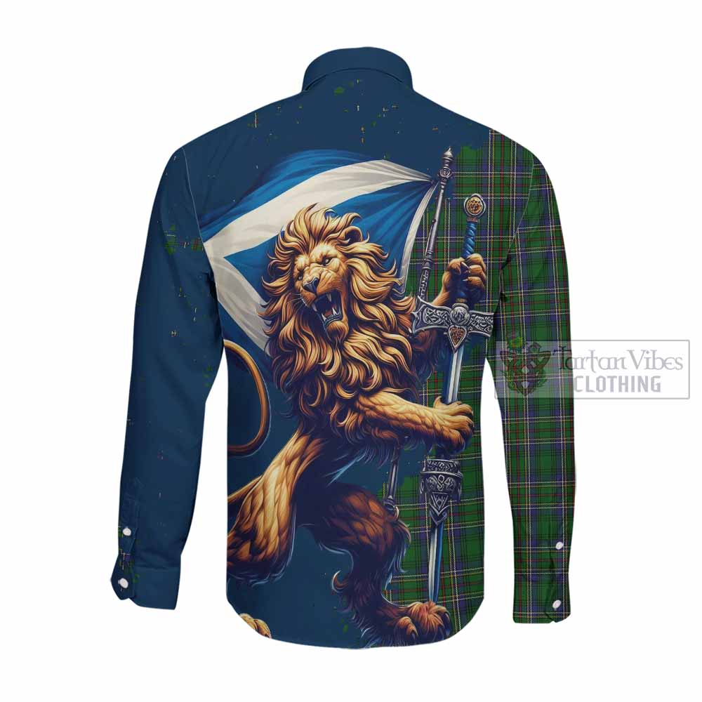 Tartan Vibes Clothing Cockburn Tartan Family Crest Long Sleeve Button Shirt with Scottish Majestic Lion