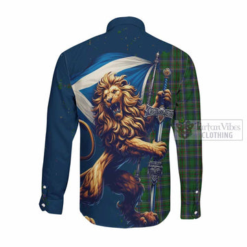 Tartan Vibes Clothing Cockburn Tartan Family Crest Long Sleeve Button Shirt with Scottish Majestic Lion