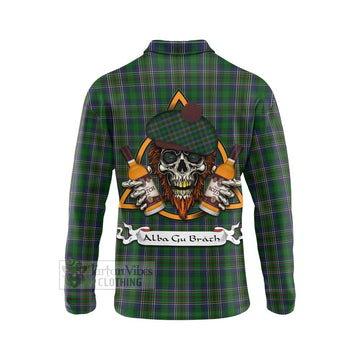 Tartan Vibes Clothing Cockburn Tartan Long Sleeve Polo Shirt with Family Crest and Bearded Skull Holding Bottles of Whiskey