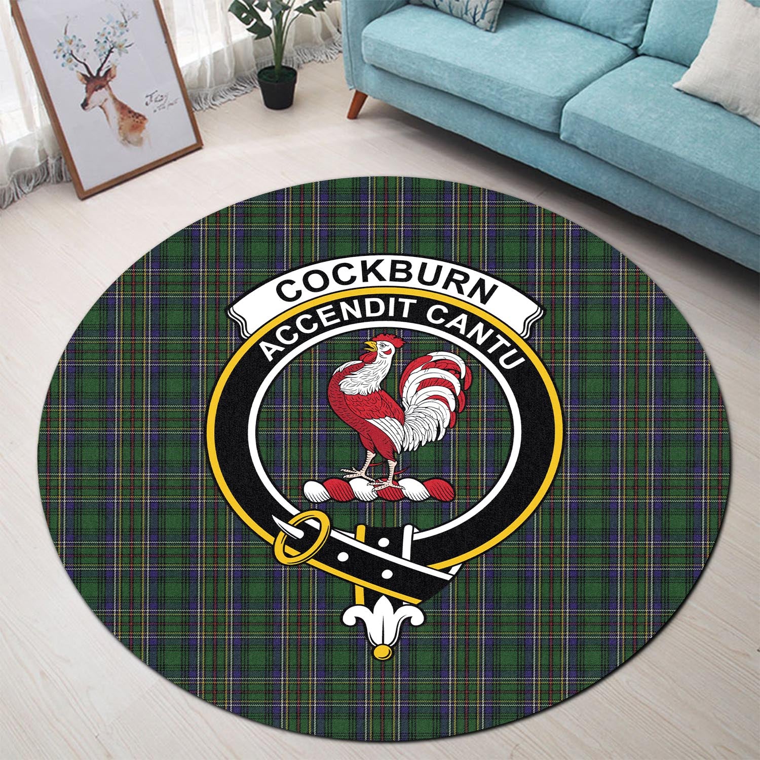 Cockburn Tartan Round Rug with Family Crest - Tartanvibesclothing