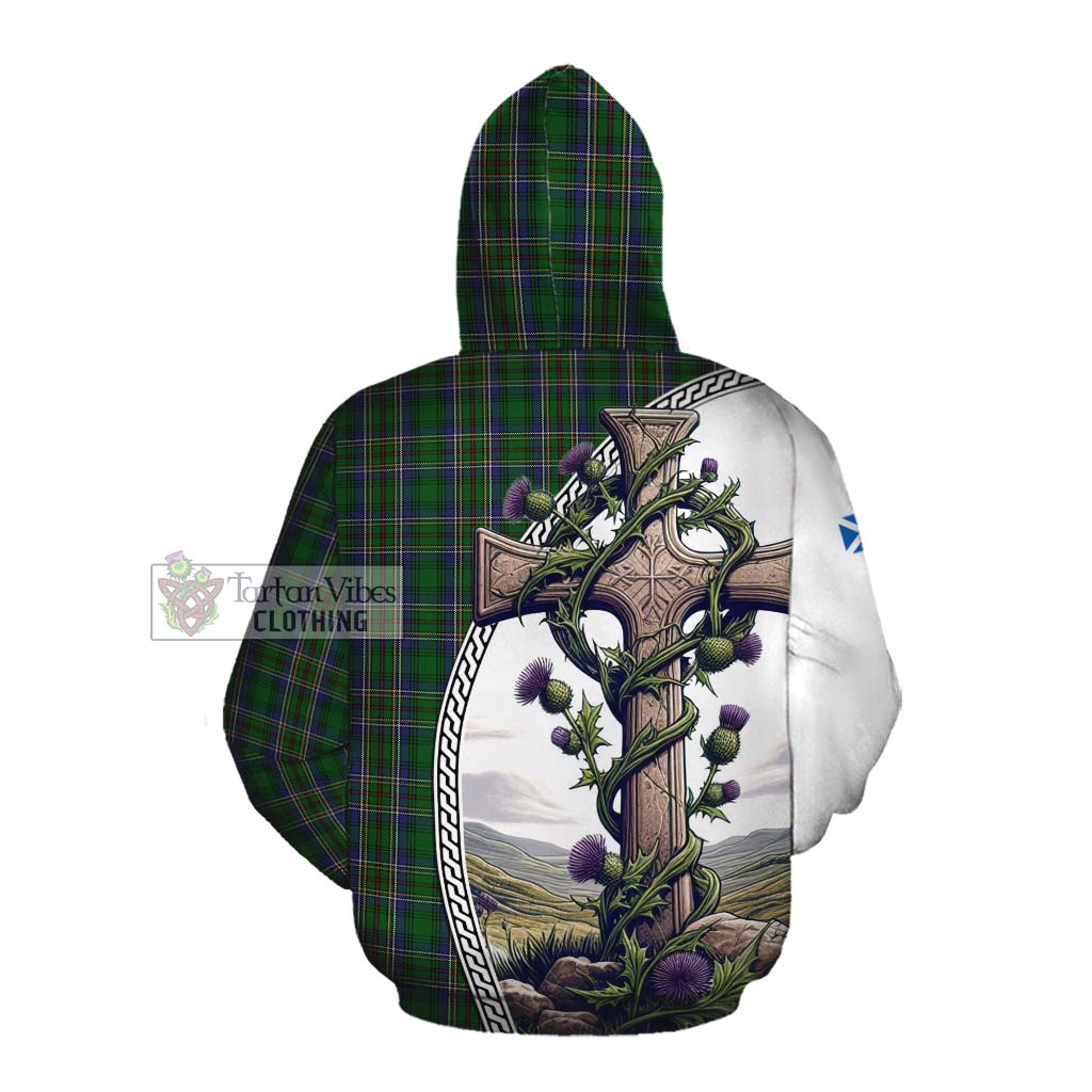 Tartan Vibes Clothing Cockburn Tartan Cotton Hoodie with Family Crest and St. Andrew's Cross Accented by Thistle Vines