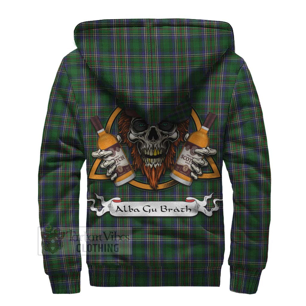 Tartan Vibes Clothing Cockburn Tartan Sherpa Hoodie with Family Crest and Bearded Skull Holding Bottles of Whiskey
