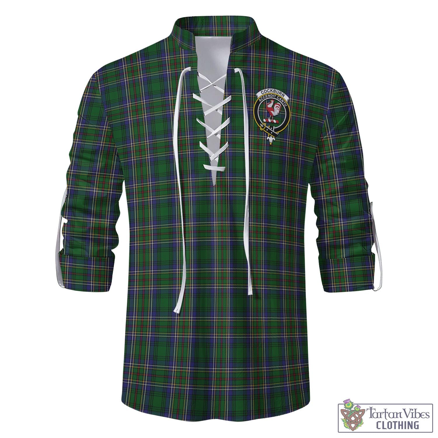 Tartan Vibes Clothing Cockburn Tartan Men's Scottish Traditional Jacobite Ghillie Kilt Shirt with Family Crest