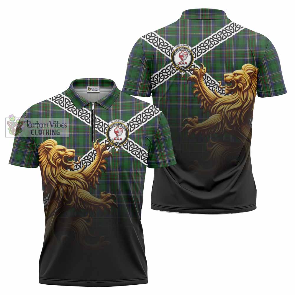 Cockburn Crest Tartan Zipper Polo Shirt with Golden Lion Emblem Celtic Style - Tartan Vibes Clothing