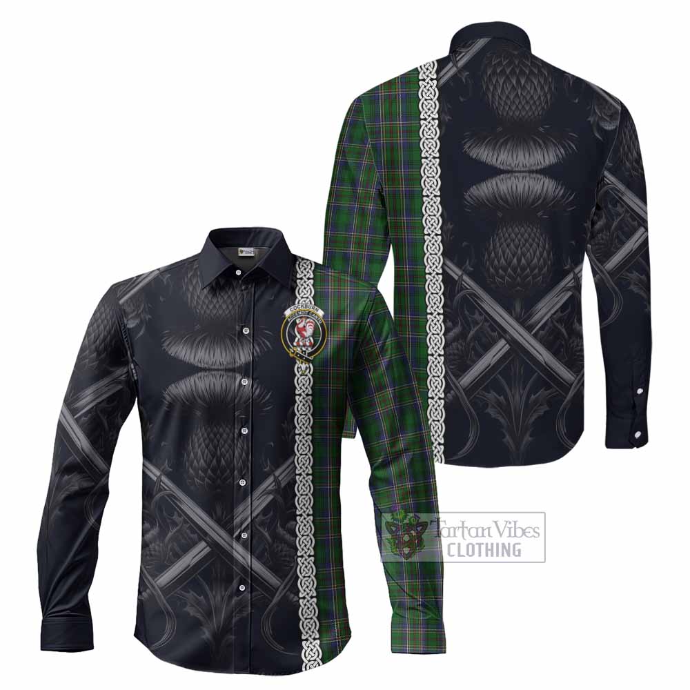 Tartan Vibes Clothing Cockburn Tartan Long Sleeve Button Shirt with Family Crest Cross Sword Thistle Celtic Vibes