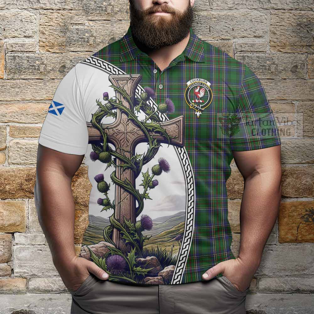 Tartan Vibes Clothing Cockburn Tartan Polo Shirt with Family Crest and St. Andrew's Cross Accented by Thistle Vines