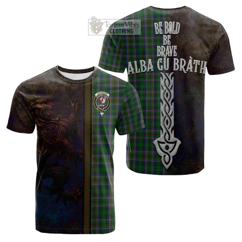Tartan Vibes Clothing Cockburn Tartan Family Crest Cotton T-shirt Alba Gu Brath Be Brave Lion Ancient Style