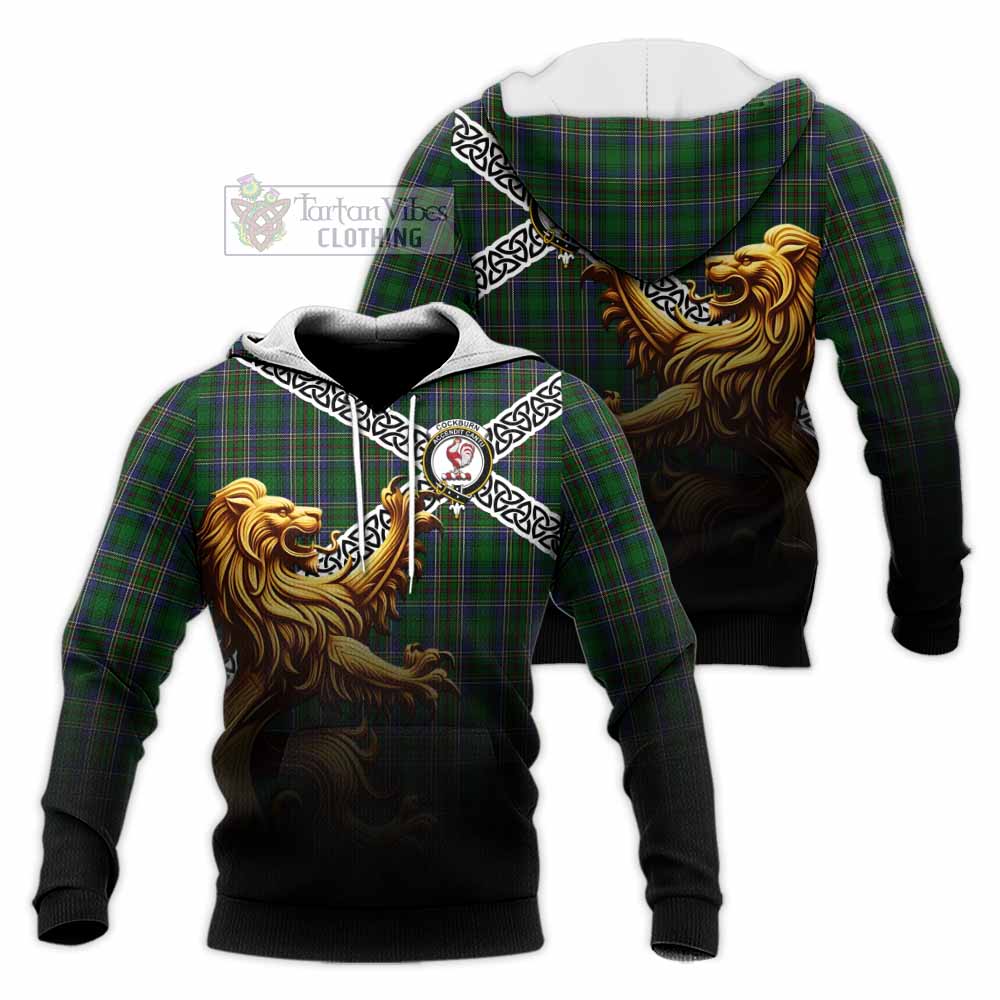 Tartan Vibes Clothing Cockburn Crest Tartan Knitted Hoodie with Golden Lion Emblem Celtic Style