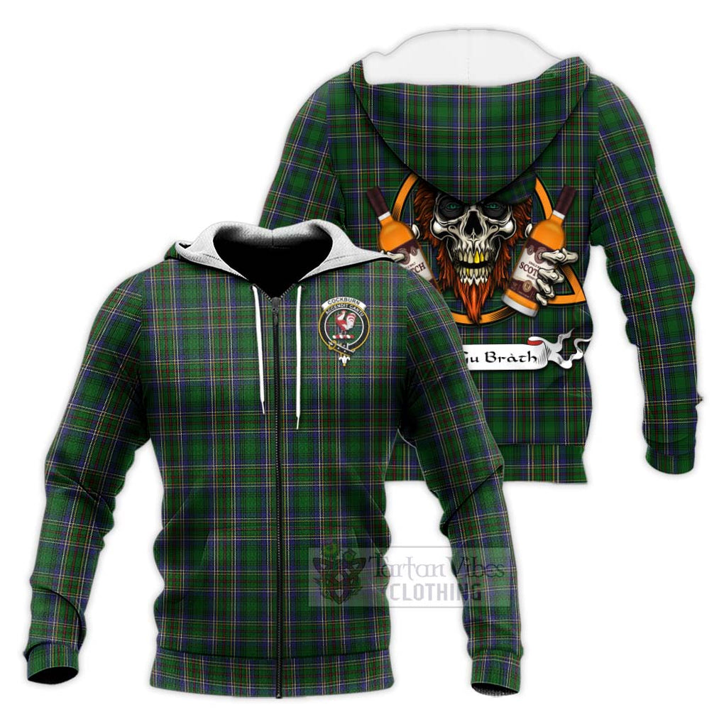 Tartan Vibes Clothing Cockburn Tartan Knitted Hoodie with Family Crest and Bearded Skull Holding Bottles of Whiskey