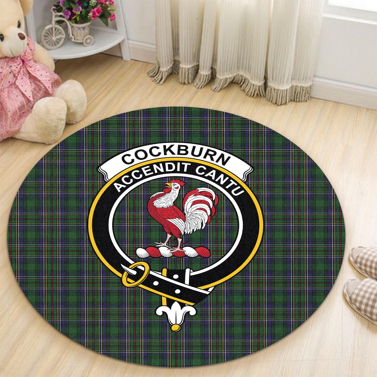 Cockburn Tartan Round Rug with Family Crest - Tartanvibesclothing