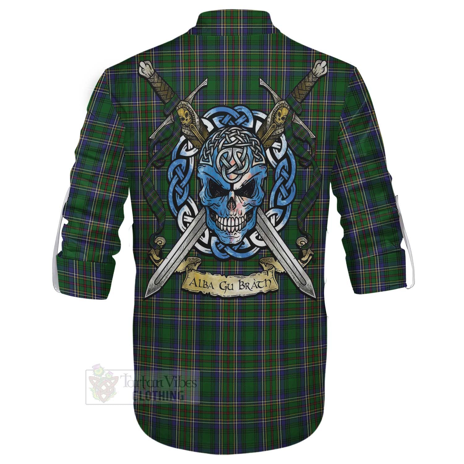 Tartan Vibes Clothing Cockburn Tartan Ghillie Kilt Shirt with Family Crest Celtic Skull Style
