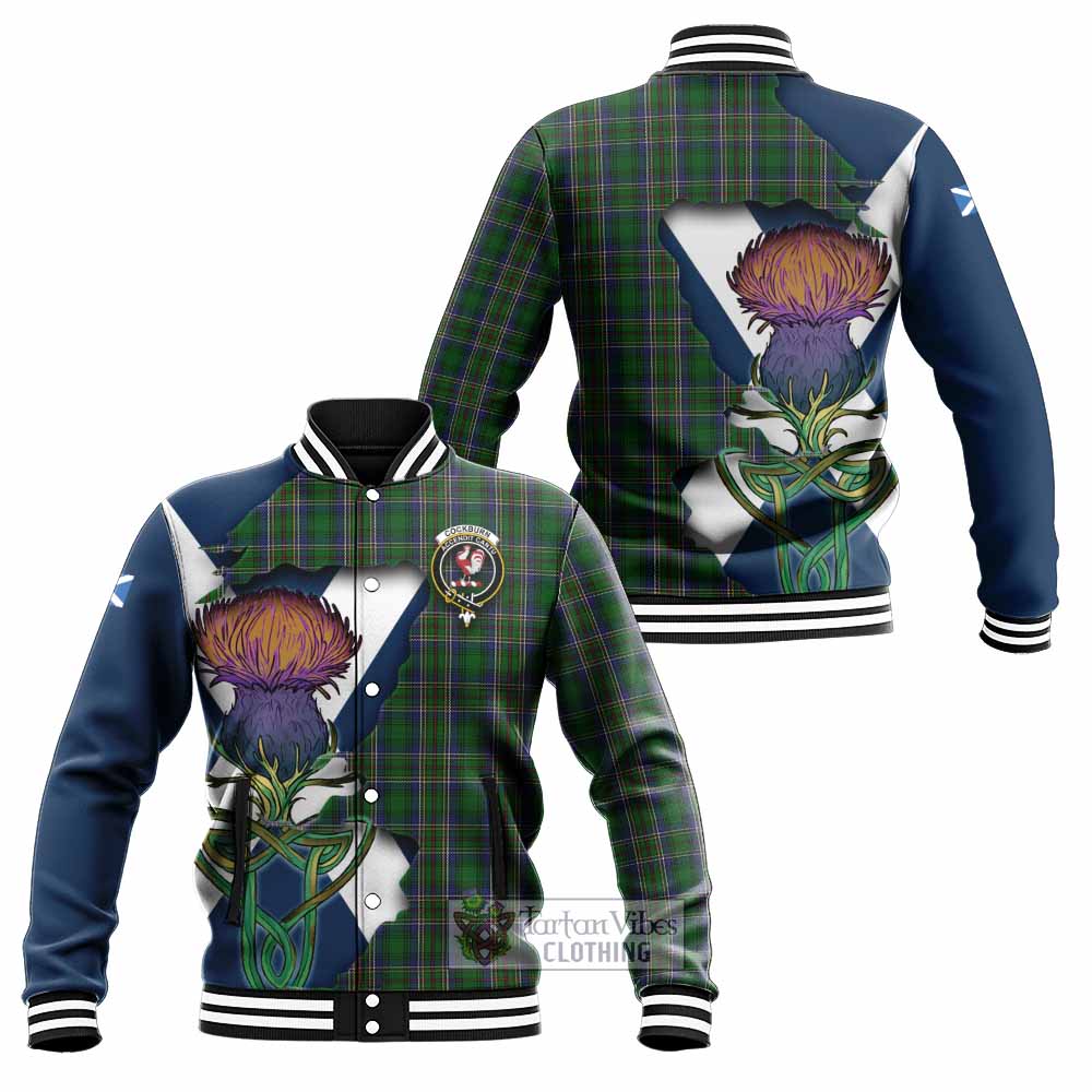 Tartan Vibes Clothing Cockburn Tartan Family Crest Baseball Jacket Scottish Thistle Celtic Inspired